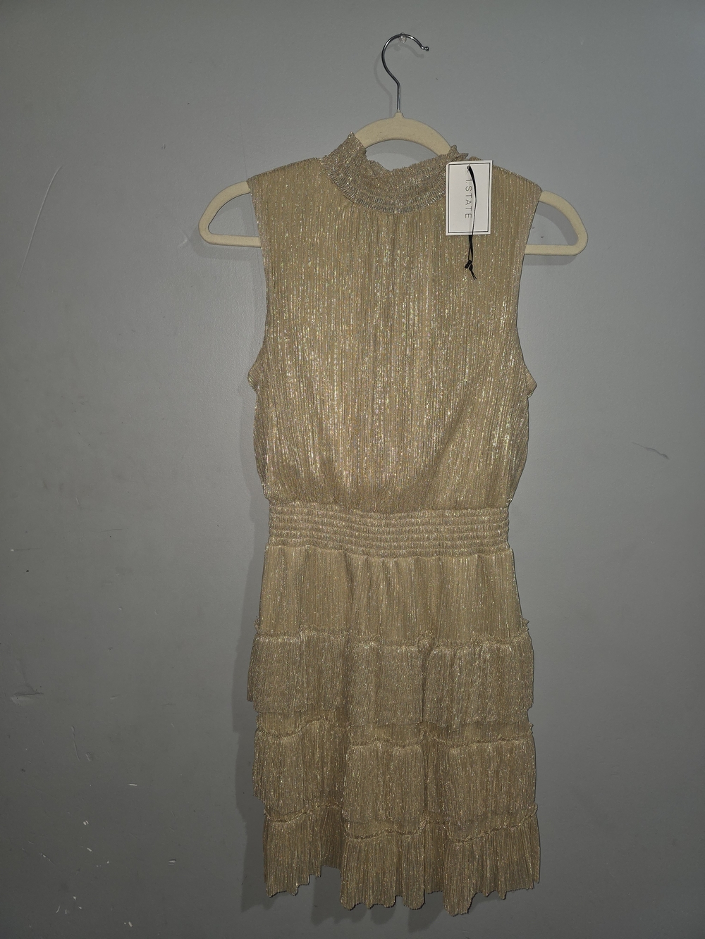 NWT 1 State Sleeveless Gold Pleated Tiered Dress-Small